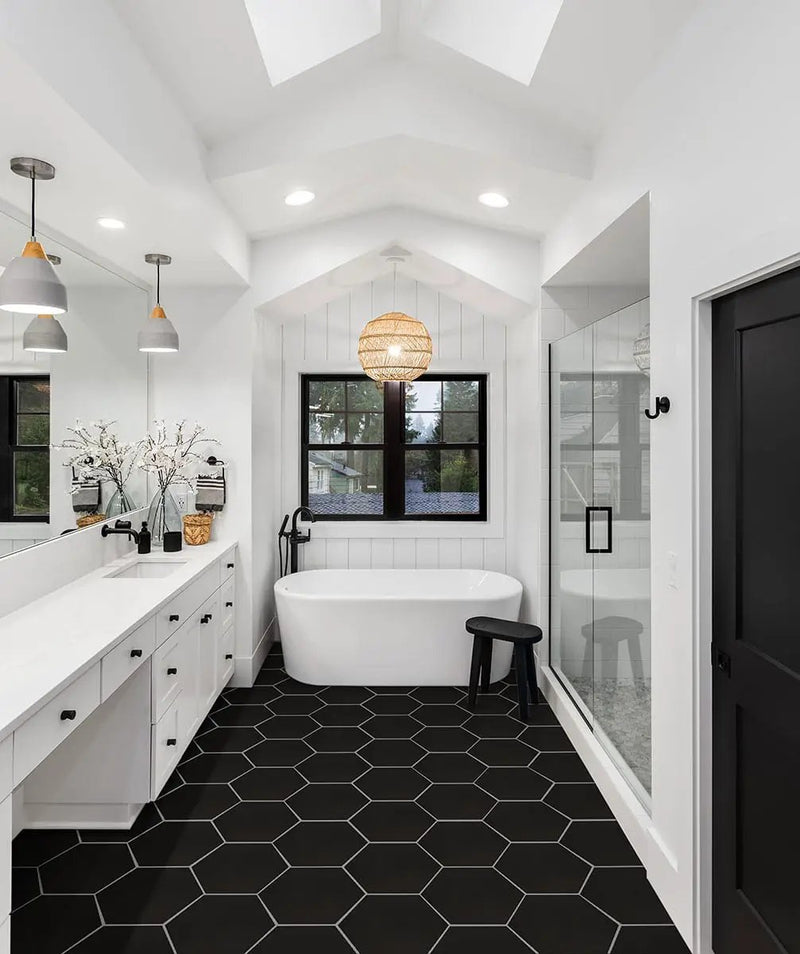 Hexley Graphite Hexagon Tile Matte Porcelain 9x10.5 in a finished room