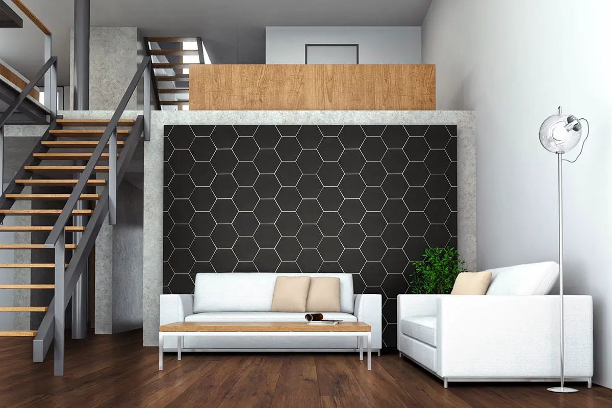 Hexley Graphite Hexagon Tile Matte Porcelain 9x10.5 in a finished room