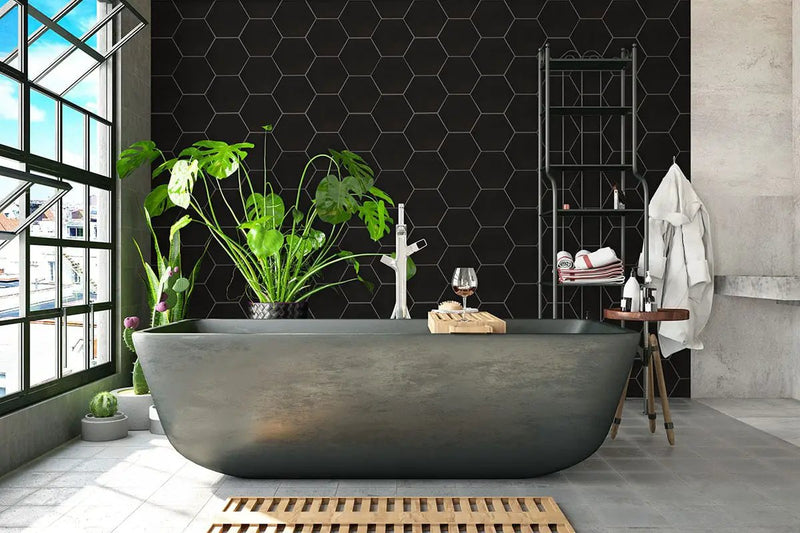 Hexley Graphite Hexagon Tile Matte Porcelain 9x10.5 in a finished room