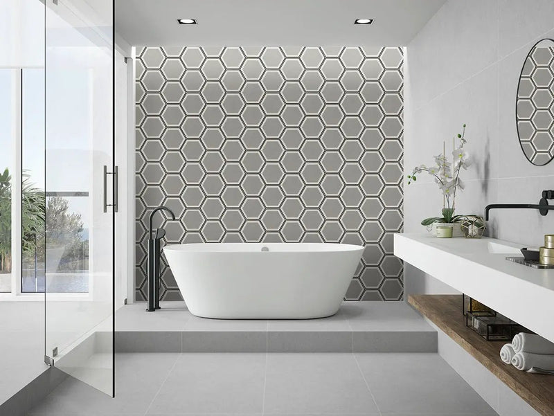 Hexley Hive Hexagon Tile Matte Porcelain 9x10.5 in a finished room