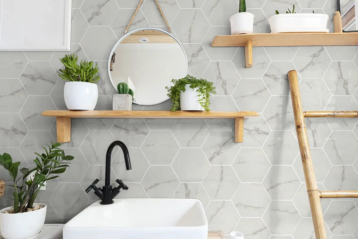 Hexley Marbello Hexagon Tile Matte Porcelain 9x10.5 in a finished room