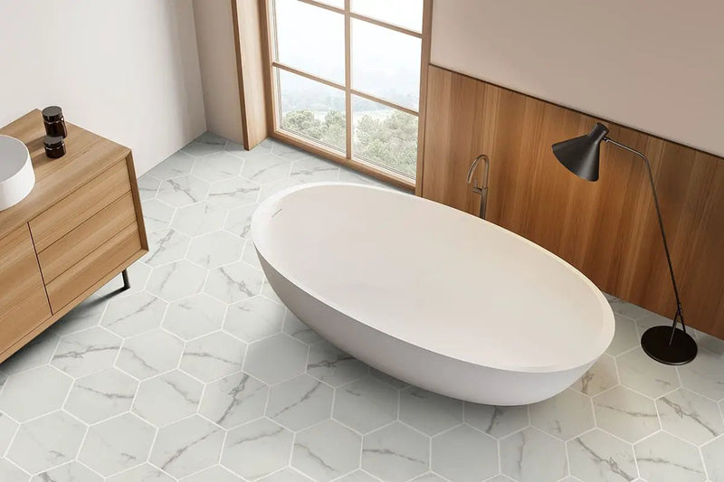 Hexley Marbello Hexagon Tile Matte Porcelain 9x10.5 in a finished room