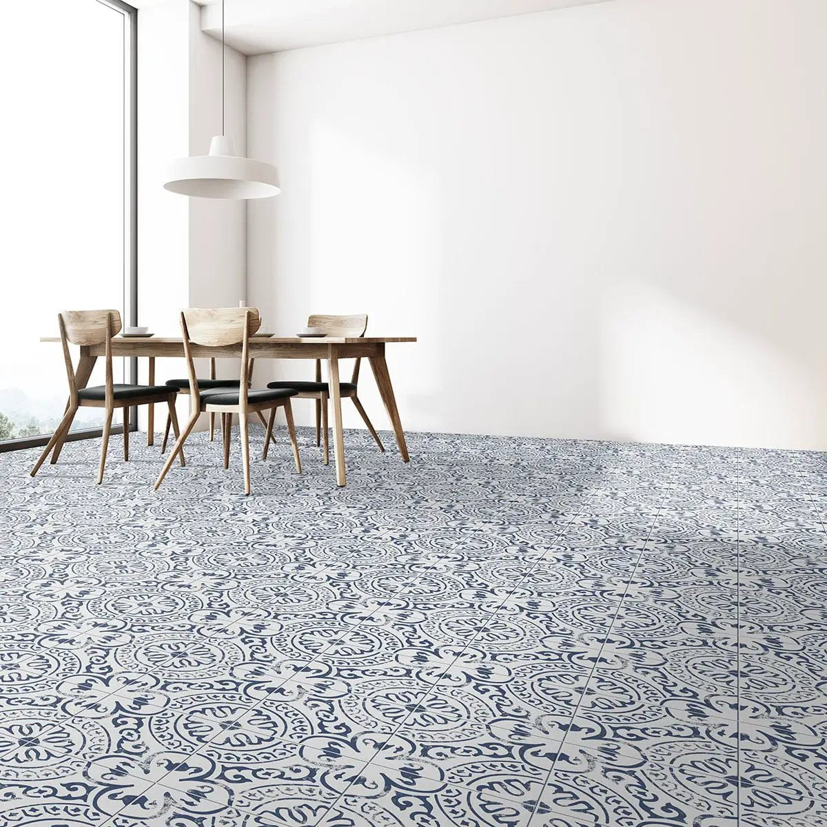 Kenzzi Indigo Matte Porcelain Tiles 8x8 in a finished room