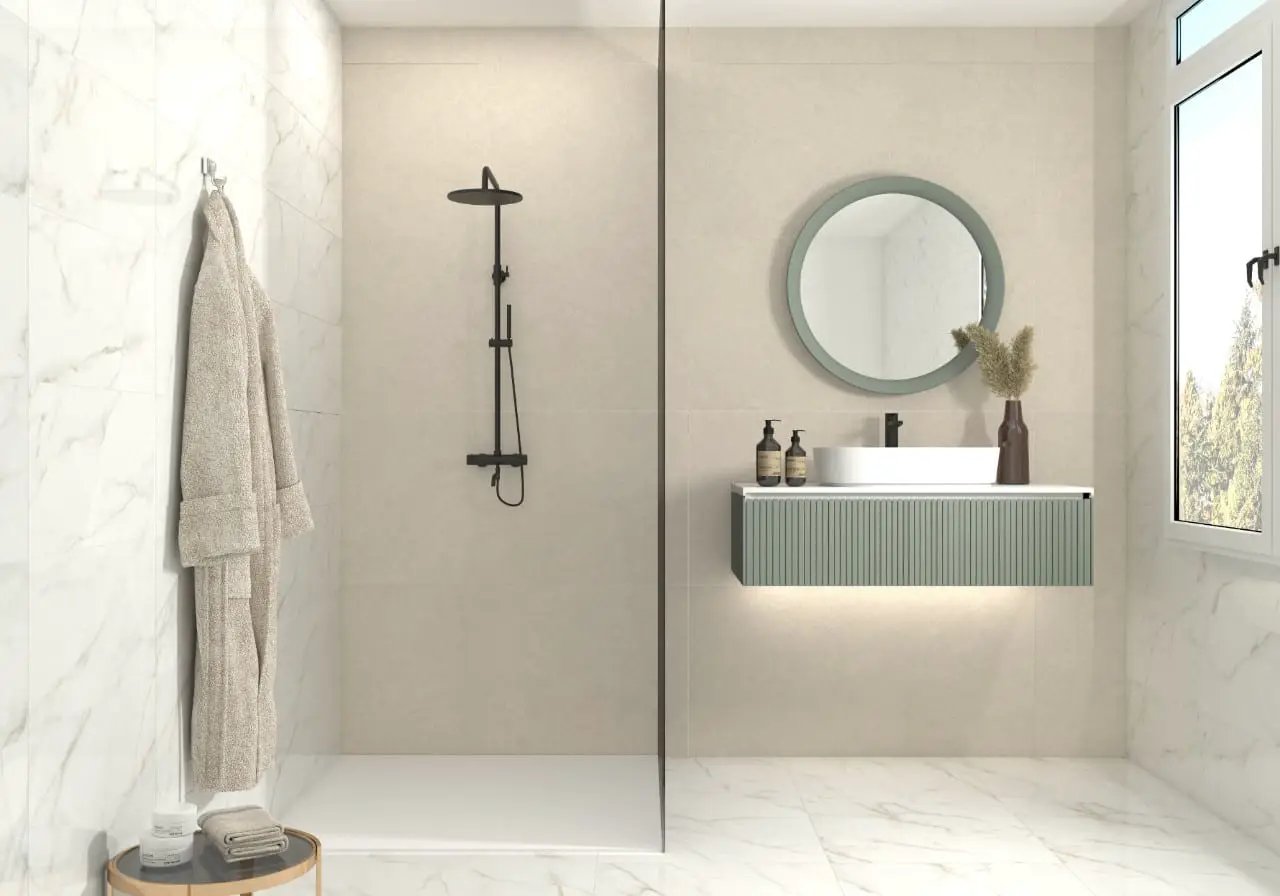 Kaya Calacatta Lucca Matte Bullnose Marble Look Porcelain Moldings 3x24 in a finished room