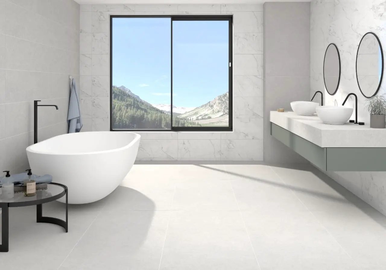 Kaya Calacatta Lucca Matte Marble Look Porcelain Tiles 24x48 in a finished room