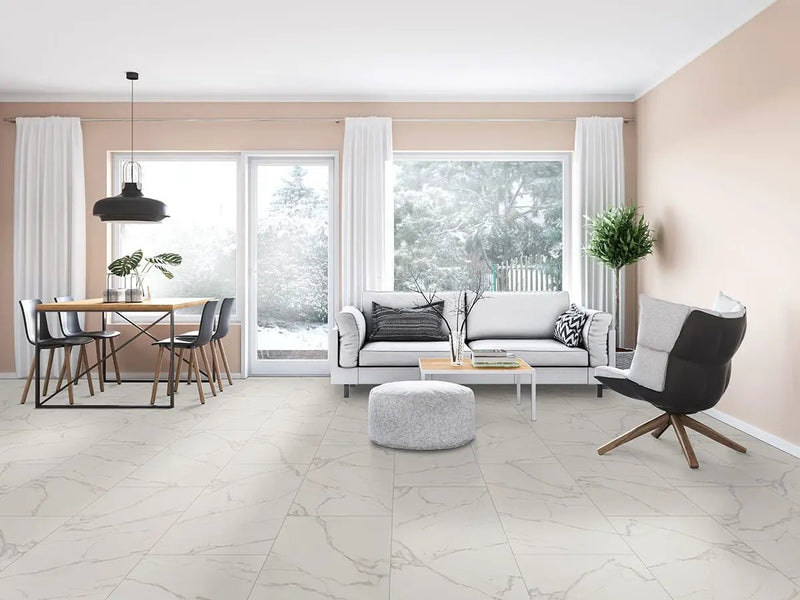 Kaya Calacatta Venato Matte Marble Look Porcelain Tiles 12x24 in a finished room