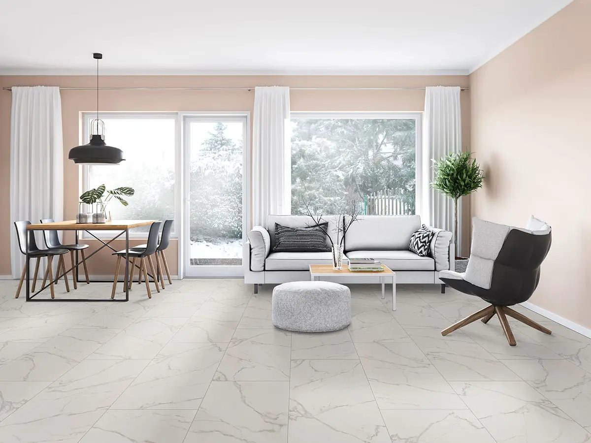 Kaya Calacatta Venato Polished Marble Look Porcelain Tiles 24x24 in a finished room