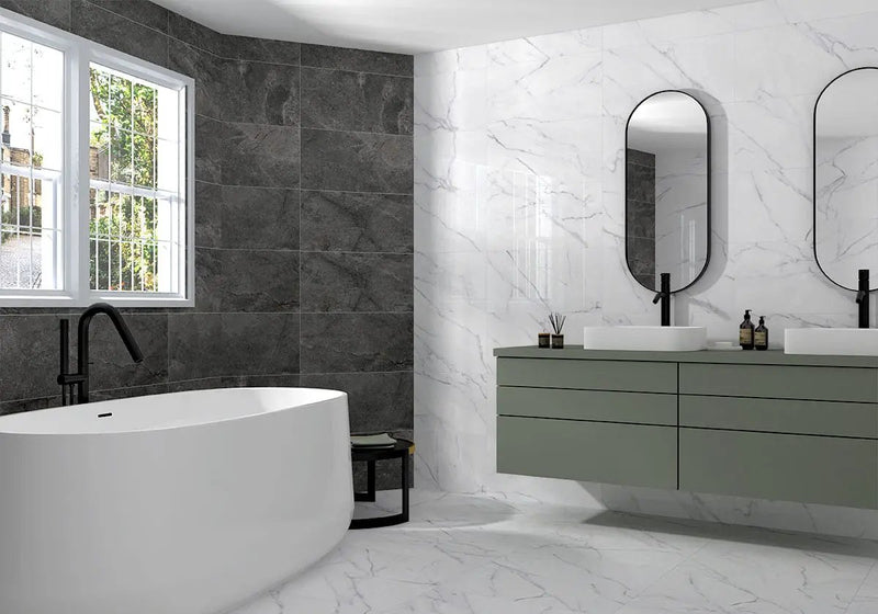 Kaya Calacatta Venato Matte Marble Look Porcelain Tiles 12x24 in a finished room