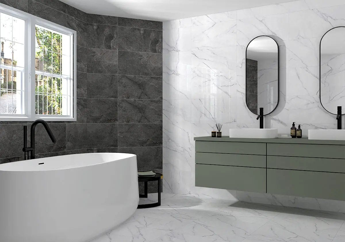 Kaya Calacatta Venato Matte Marble Look Porcelain Mosaics 3x3 in a finished room