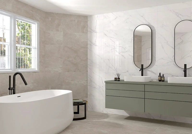 Kaya Calacatta Venato Polished Marble Look Porcelain Tiles 24x48 in a finished room