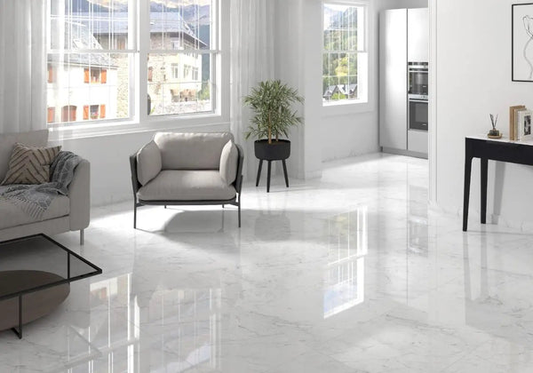Kaya Carrara Bianco Polished Marble Look Porcelain Tiles 24x48 in a finished room
