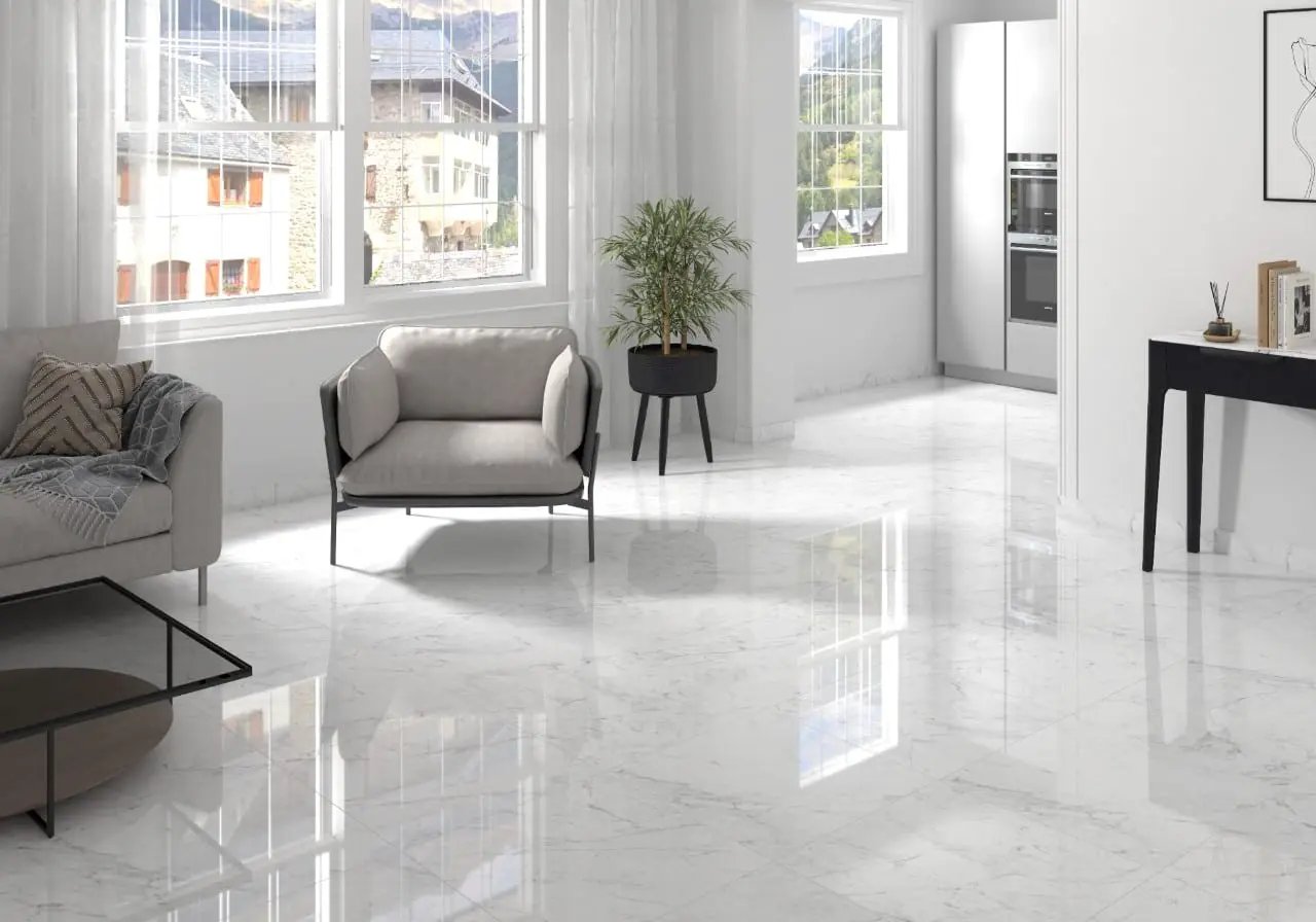 Kaya Carrara Bianco Polished Marble Look Porcelain Moldings 3x24 in a finished room