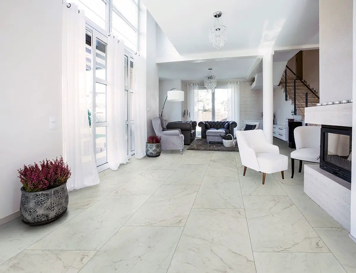 Kaya Carrara Bianco Polished Marble Look Porcelain Moldings 3x24 in a finished room