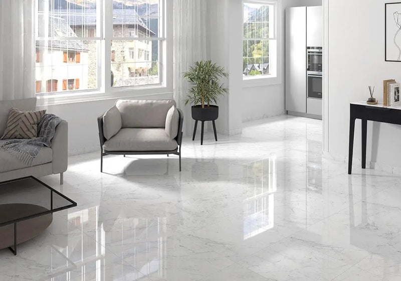 Kaya Carrara Bianco Polished Marble Look Porcelain Tiles 24x24 in a finished room
