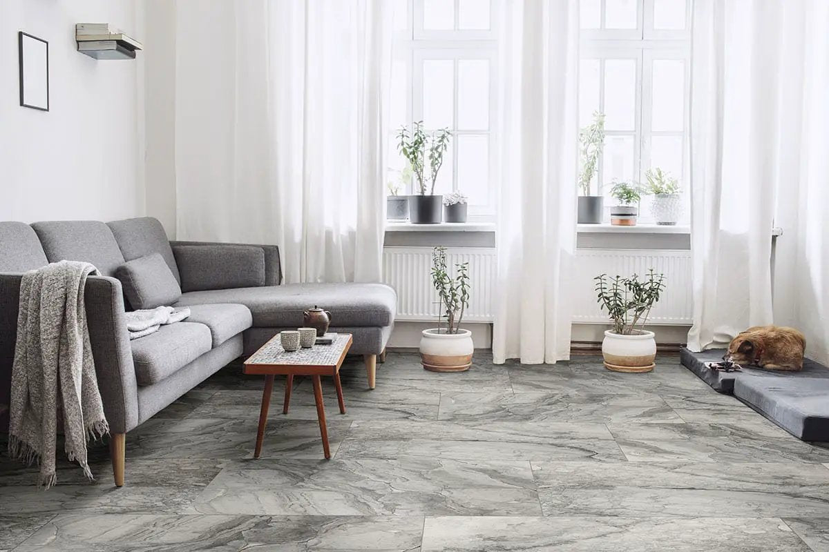 Kaya Onda Gray Matte Marble Look Porcelain Tiles 12x24 in a finished room
