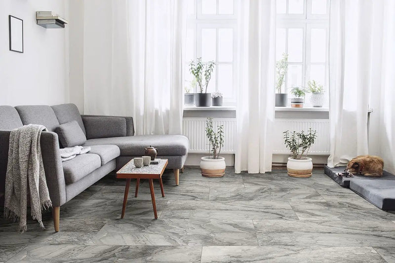 Kaya Onda Gray Polished Marble Look Porcelain Tiles 12x24 in a finished room