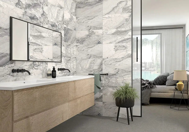 Kaya Onda Gray Polished Marble Look Porcelain Tiles 12x24 in a finished room