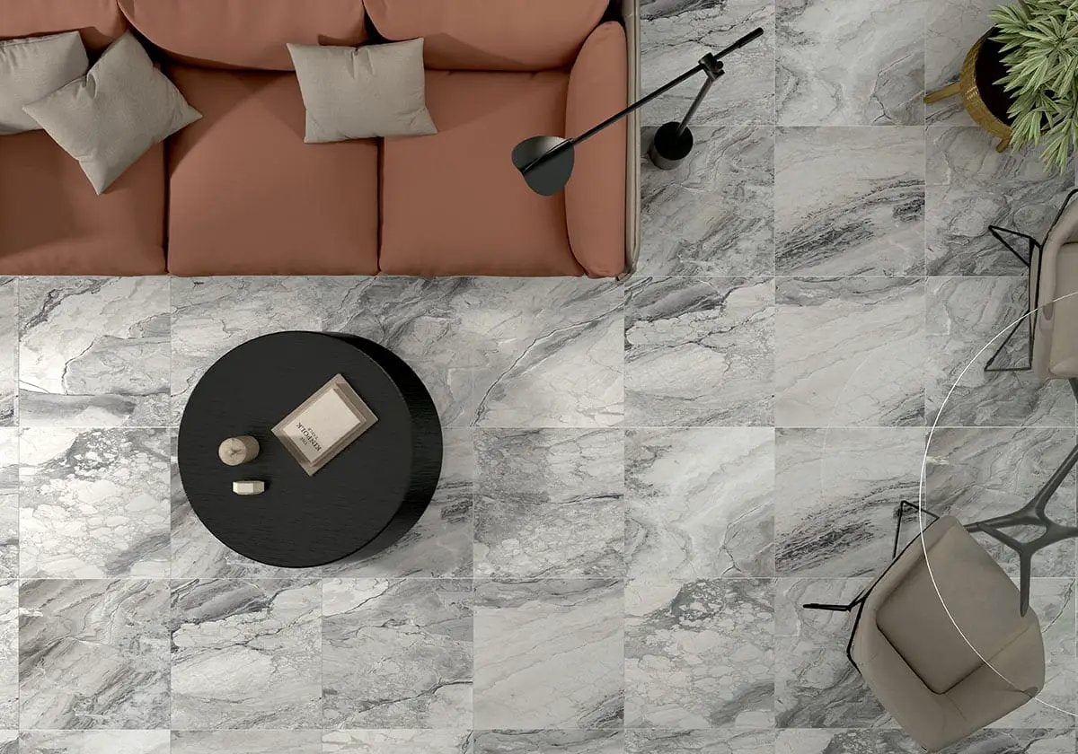 Kaya Onda Gray Matte Marble Look Porcelain Tiles 12x24 in a finished room