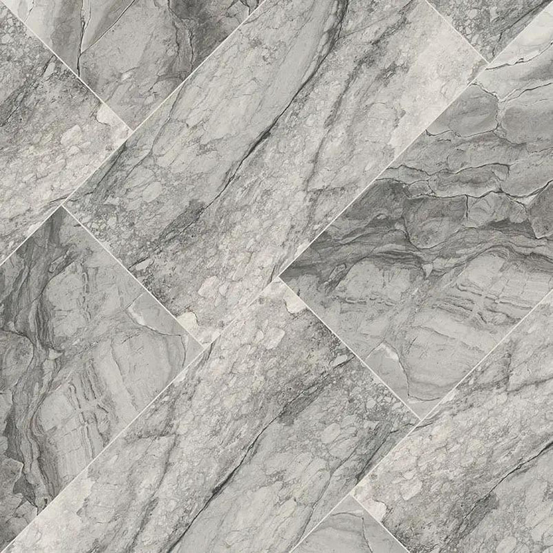 Kaya Onda Gray Matte Marble Look Porcelain Tiles 24x24 angled view