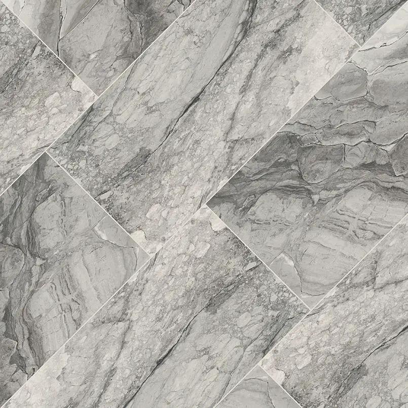 Kaya Onda Gray Polished Bullnose Marble Look Porcelain Moldings 3x24 angled view