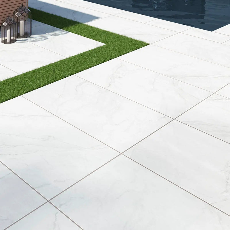 Kaya Zermatta Blanca Matte Porcelain Tiles 12x24 in a finished room