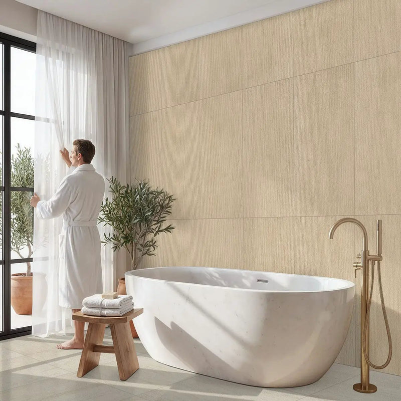 Livingstyle Beige Matte Limestone Look Porcelain Pavers 24x48 in a finished room