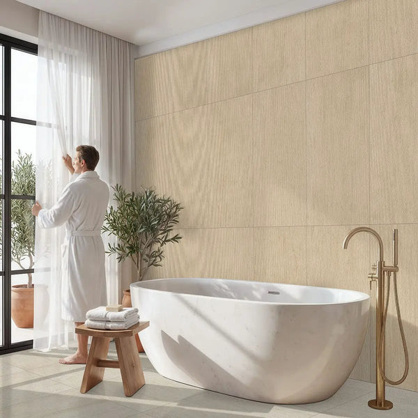 Livingstyle Beige Matte Limestone Look Porcelain Tiles 24x24 in a finished room