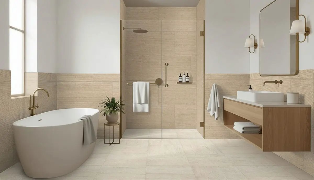 Livingstyle Beige Matte Limestone Look Porcelain Tiles 24x24 in a finished room