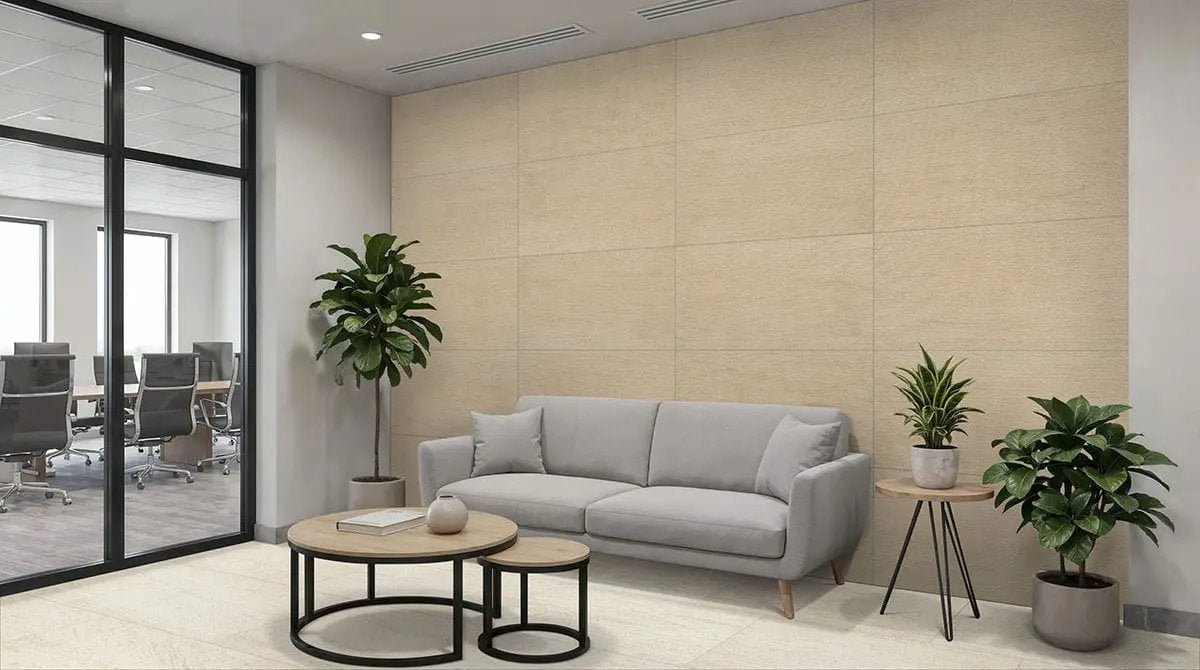 Livingstyle Beige Matte Limestone Look Porcelain Pavers 18x36 in a finished room
