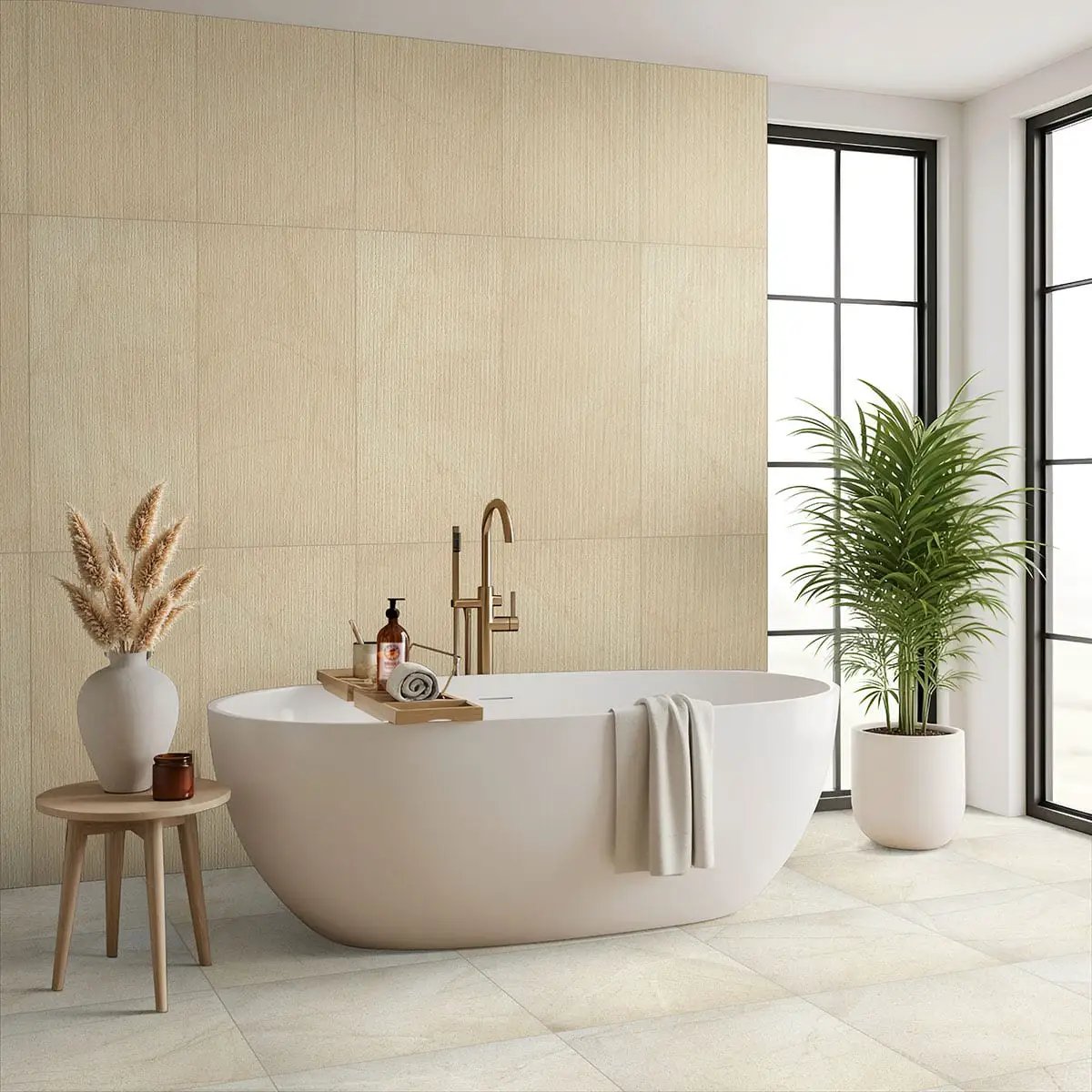 Livingstyle Cream Matte Limestone Look Porcelain Tiles 18x36 in a finished room