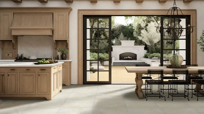 Livingstyle Cream Matte Limestone Look Porcelain Pavers 24x24 in a finished room