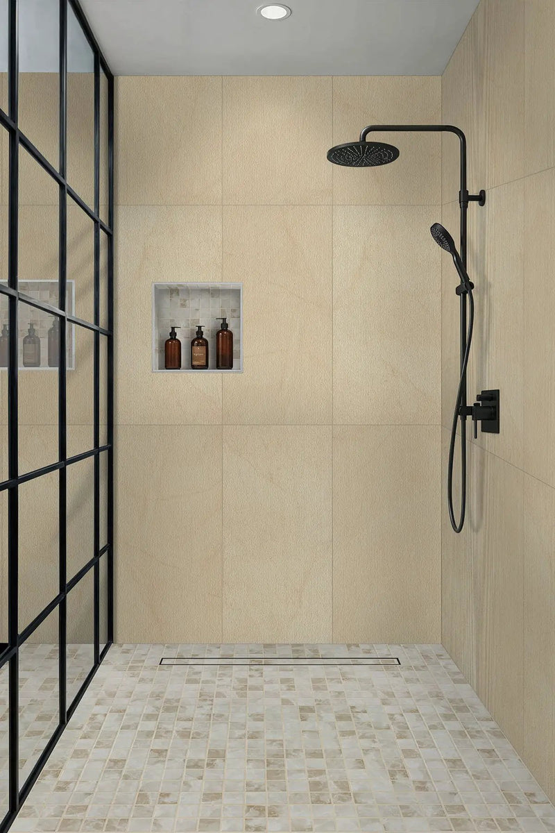 Livingstyle Cream Ridge Matte Porcelain Tiles 24x48 in a finished room