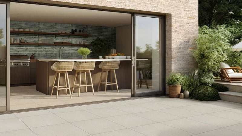 Livingstyle Pearl Matte Limestone Look Porcelain Pavers 18x36 in a finished room
