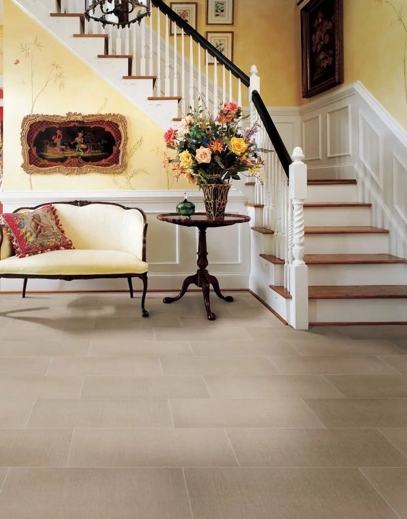 Loft Glacier Matte Fabric Look Porcelain Tiles 12x24 in a finished room