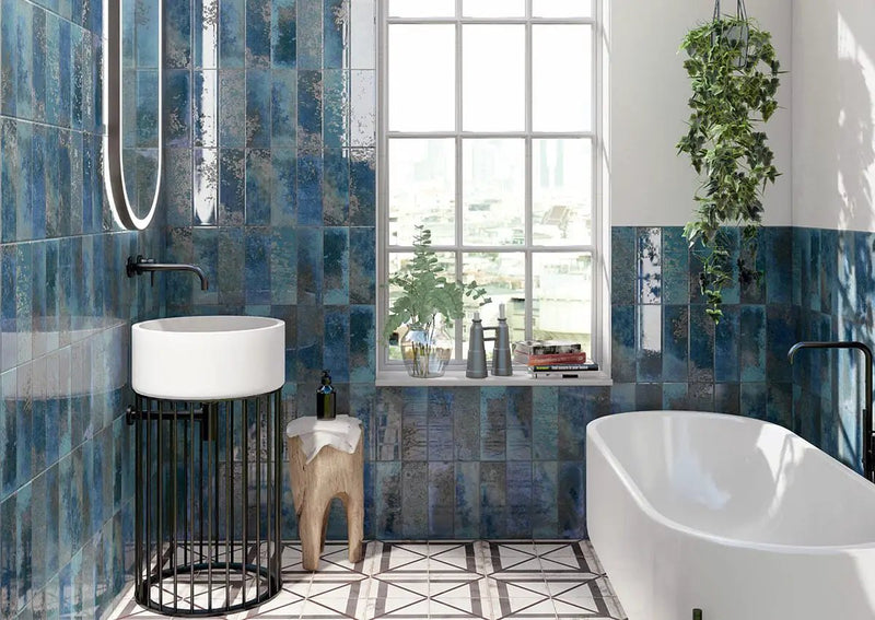 Marza Cobalt Subway Tile Glossy Ceramic Mosaics 4x12 in a finished room