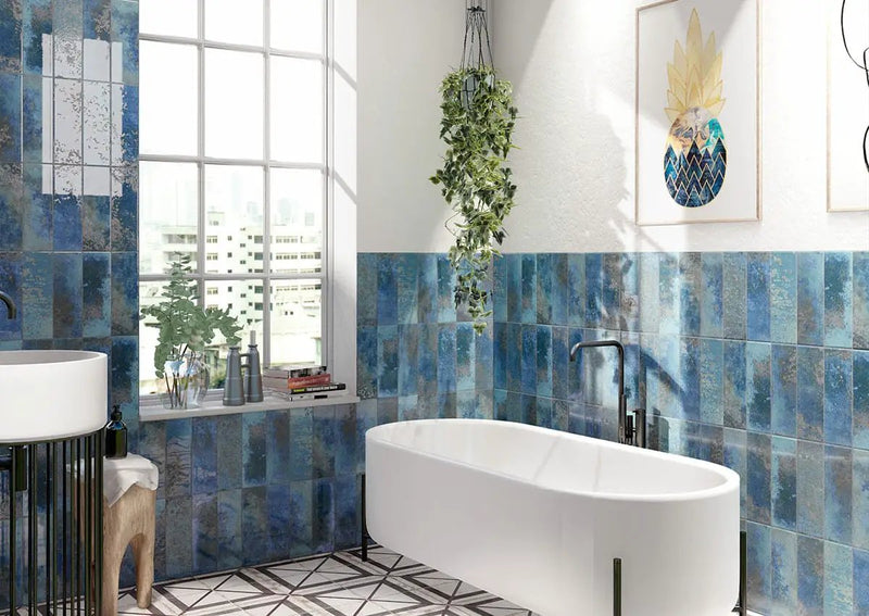 Marza Cobalt Subway Tile Glossy Ceramic Mosaics 4x12 in a finished room
