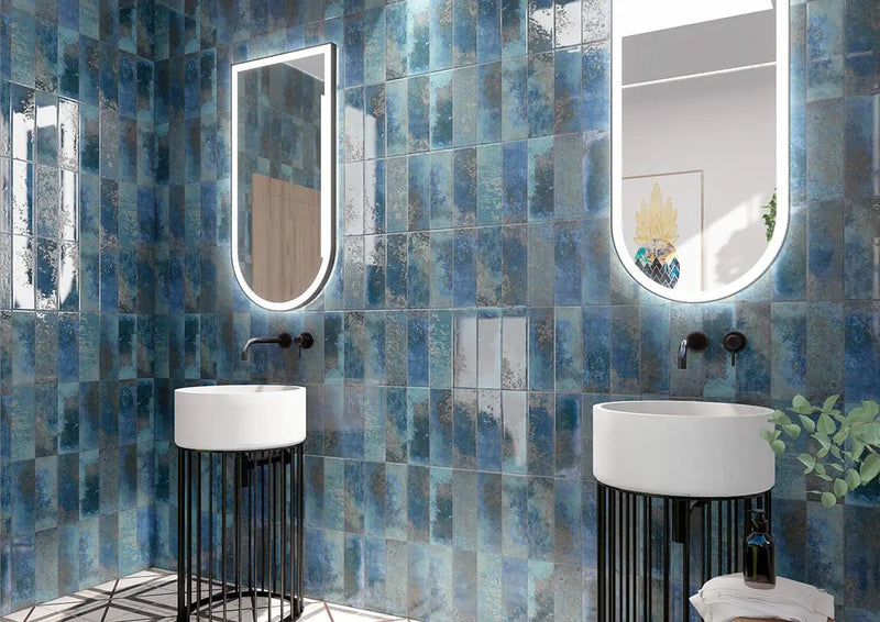 Marza Cobalt Subway Tile Glossy Ceramic Mosaics 4x12 in a finished room