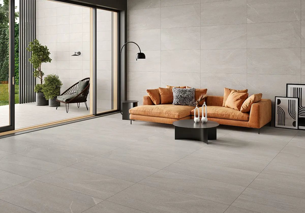 Traktion Maven Gris Matte Limestone Look Porcelain Tiles 12x24 in a finished room