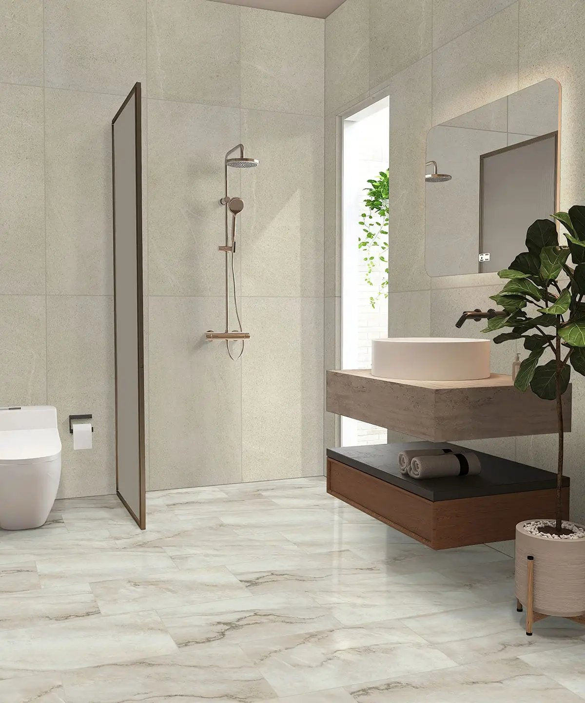 Traktion Maven Ivory Matte Limestone Look Porcelain Tiles 24x48 in a finished room
