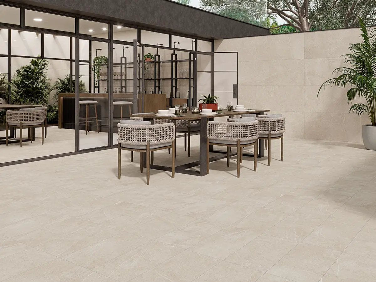 Traktion Maven Ivory Matte Limestone Look Porcelain Tiles 12x24 in a finished room