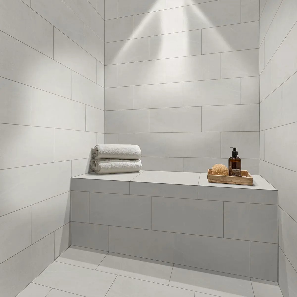 Traktion Maven Talc Matte Limestone Look Porcelain Tiles 24x48 in a finished room