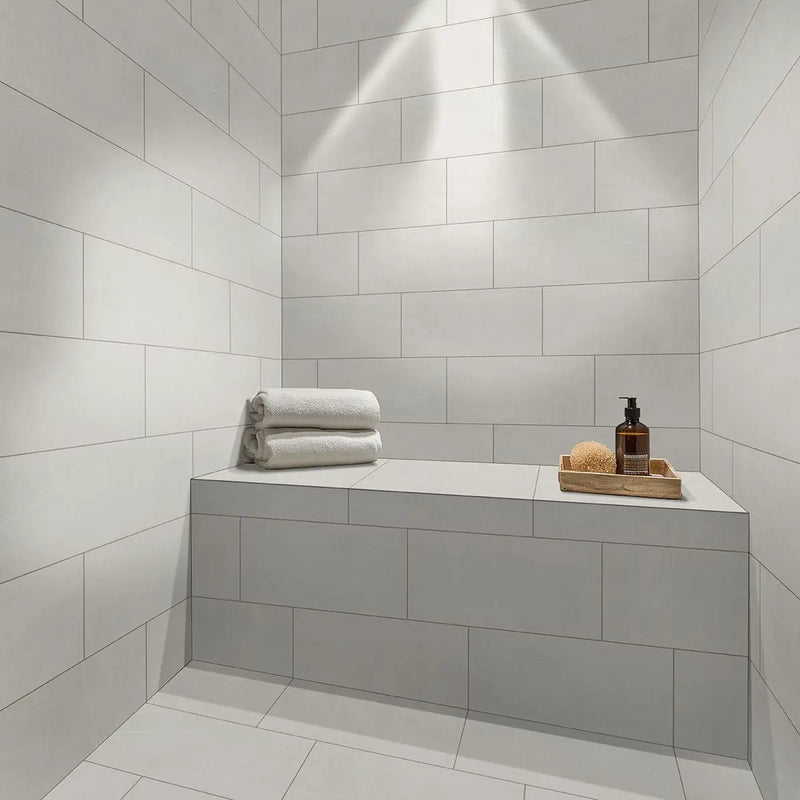 Traktion Maven Talc Matte Limestone Look Porcelain Tiles 24x48 in a finished room