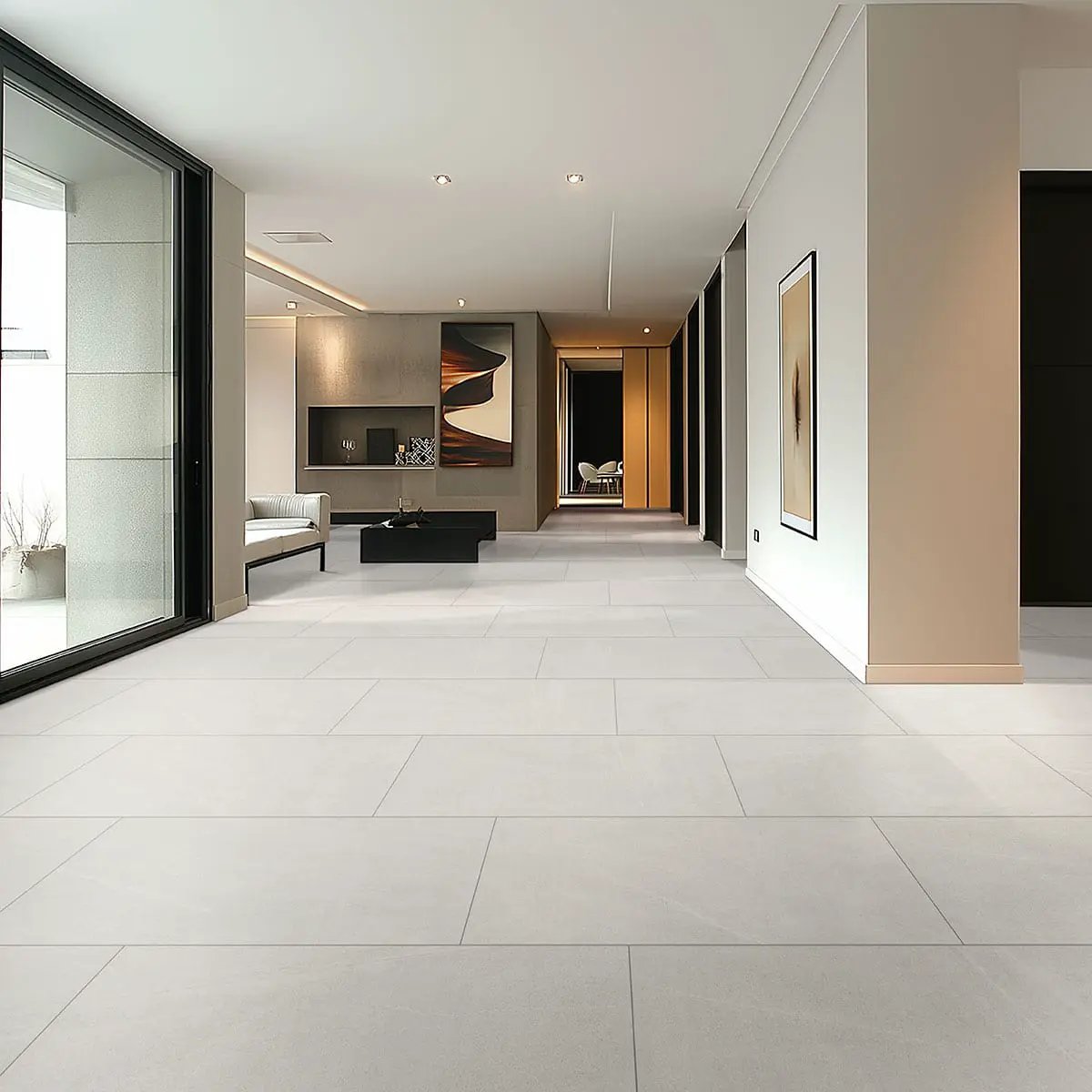 Traktion Maven Talc Matte Limestone Look Porcelain Tiles 12x24 in a finished room