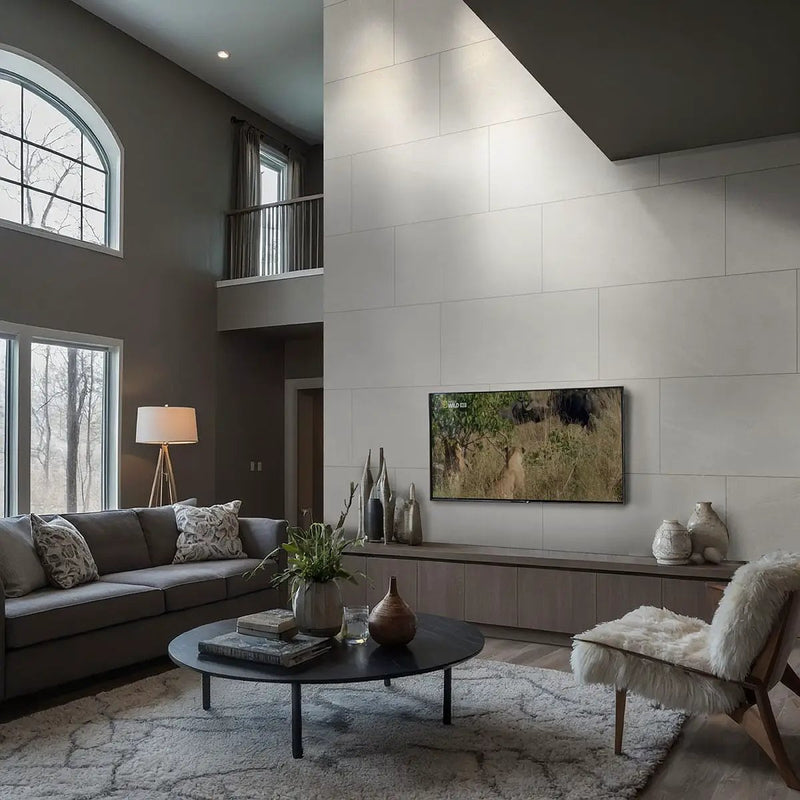 Traktion Maven Talc Matte Limestone Look Porcelain Tiles 24x48 in a finished room