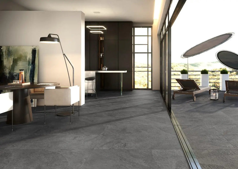 Legions Midnight Montage Matte Porcelain Tiles 24x48 in a finished room