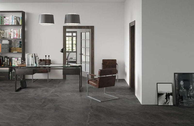 Legions Midnight Montage Matte Porcelain Tiles 24x24 in a finished room