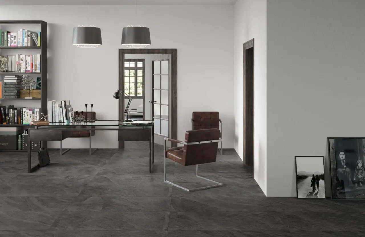 Legions Midnight Montage Matte Porcelain Tiles 24x48 in a finished room