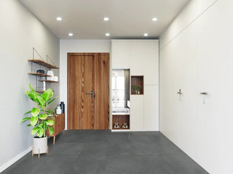 Legions Midnight Montage Matte Porcelain Tiles 24x48 in a finished room