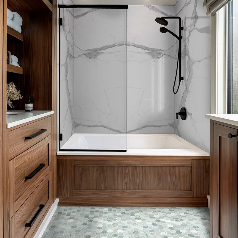 Montblanc Statuario Polished Porcelain Tiles 31.5x71 in a finished room