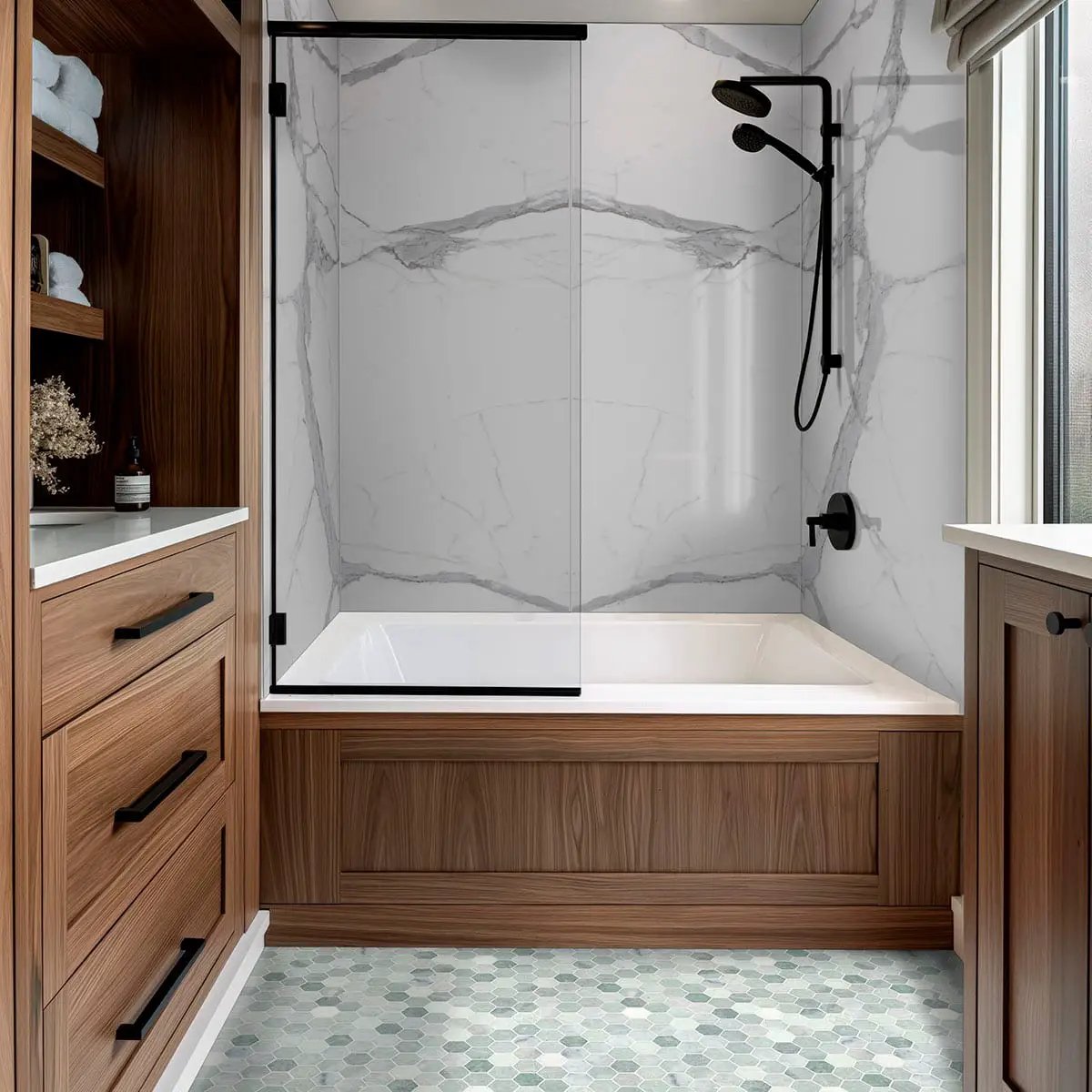 Montblanc Statuario Polished Porcelain Tiles 31.5x94.5 in a finished room